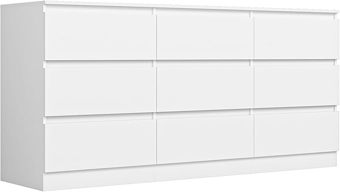 Vibe & Dine White Dresser 9 Drawer, Modern Long Dresser for Bedroom, Wood Chest of Drawers with Wide Storage for Living Room