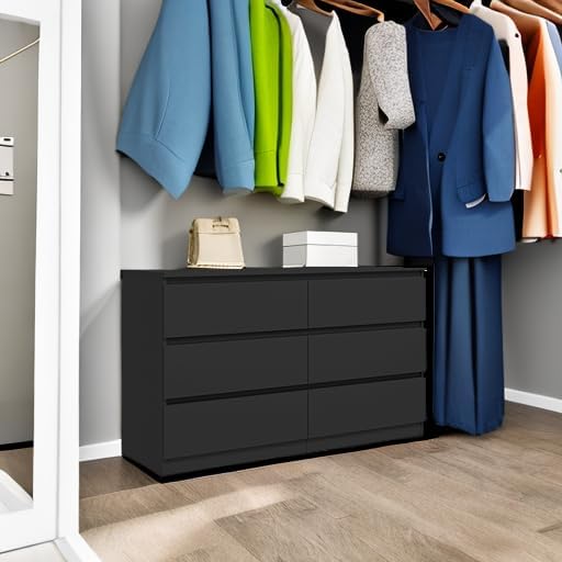 Vibe & Dine 6 Drawer Double Dresser, Modern Chest of Drawers with Wide Storage for Closet, Bedroom, Living Room, Black