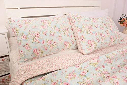 3 PCS Country Cottage Floral Bedspread Quilt Coverlet Patchwork 100% Cotton Light Blue Queen Size