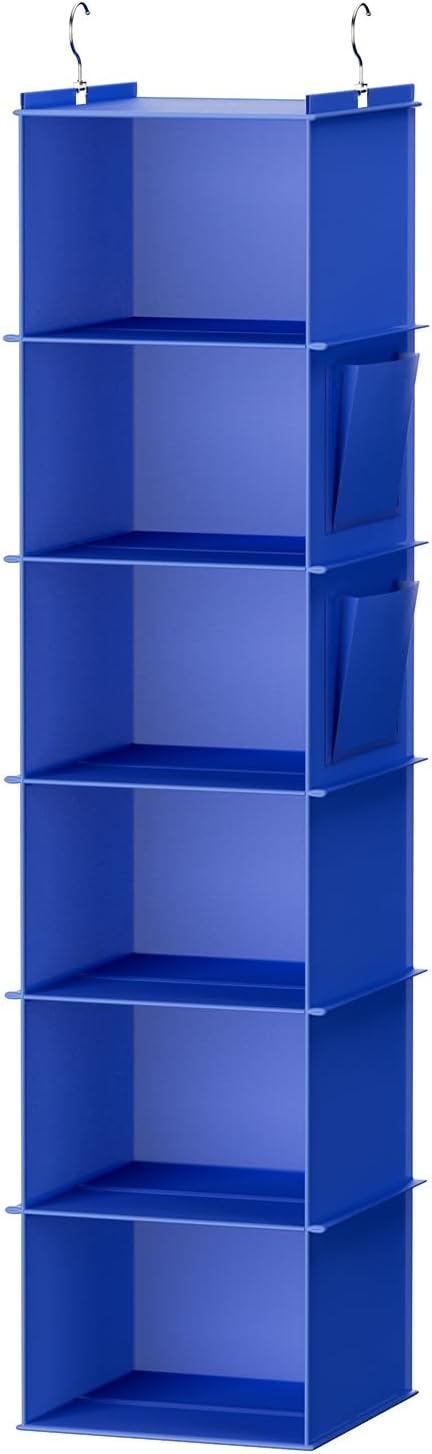 YOUDENOVA Hanging Closet Organizer and Storage, 6-Shelf, Blue | Breathable Fabric, Clothes Organizer with 2 Side Pockets, Hanging Shelves for Closet Storage, Dorm Room Essentials for Guys