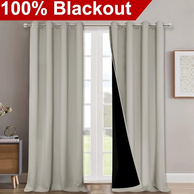 NICETOWN Natural 100% Blackout Curtains for Windows, Super Heavy-Duty Black Lined Total Darkness Drapes for Bedroom, Privacy Assured Window Treatment for Patio (Pack of 2, 52 inches W x 108 inches L)