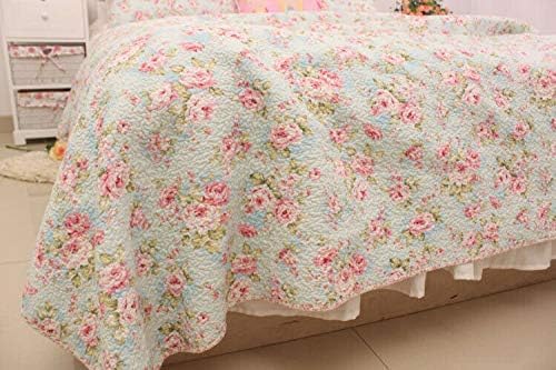 3 PCS Country Cottage Floral Bedspread Quilt Coverlet Patchwork 100% Cotton Light Blue Queen Size