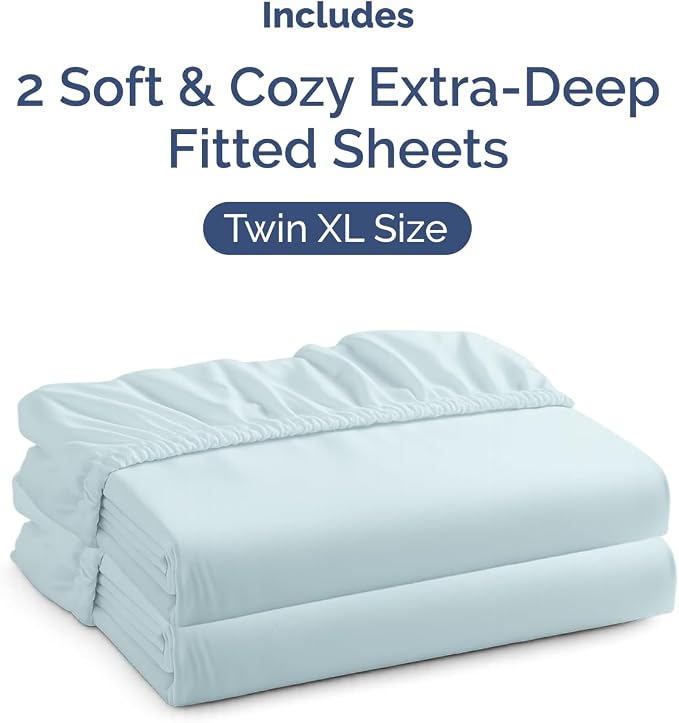 2 Pack Extra Deep Twin XL Fitted Sheets with Extra Deep Pockets - Ice Blue | Hotel Luxury Bottom Fitted Sheets Only, Soft, Fade & Wrinkle Free, Breathable & Comfy, All Around Elastic Fitted Sheets