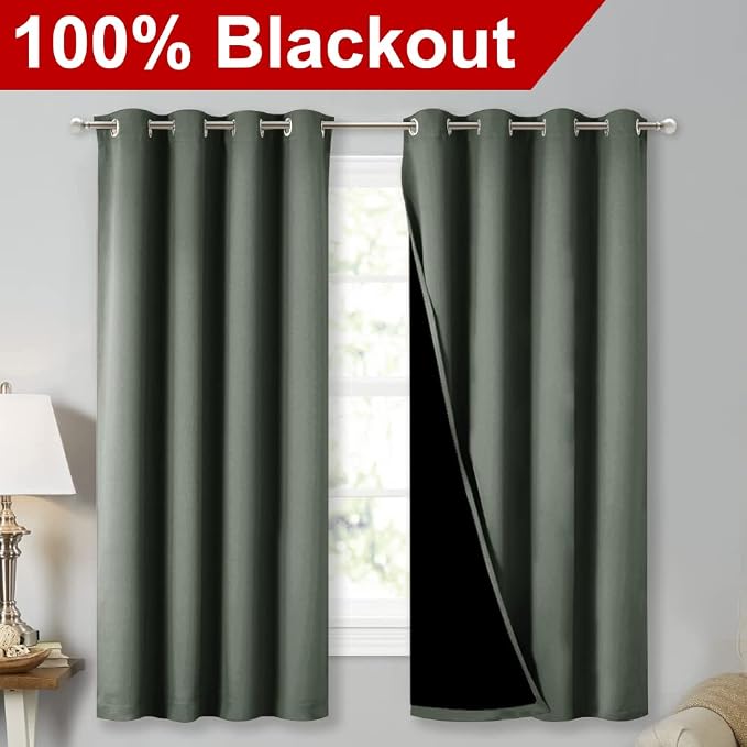 NICETOWN Dark Mallard Blackout Curtains for Kitchen 52" w x 63" L 2 Panels | 100% Room Darkening Lined 2 Thick Layers Completely Room Darkening Window Treatment Thermal Insulated Drapes for Bedroom