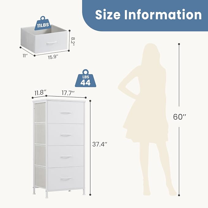 DUMOS Nightstand, Bedside Table with 4 Fabric Drawers | Night Stand with Removable Bins, Steel Frame Wood Top, Organizer Furniture for Bedroom Closet, Living Room, Chalky