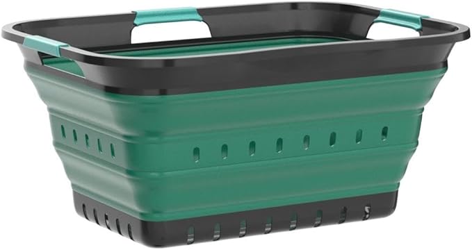 SAMMART 42L (11 gallon) Collapsible Plastic Laundry Basket - Foldable Pop Up Storage Container/Organizer - Space Saving Hamper/Basket (1, Grey/Turquoise Blue)