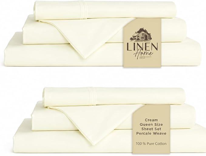Linen Home 2-Pack Queen Sheet Set, 100% Cotton Percale Bedding, 8-Piece Value Bundle, Deep Pocket Cooling Bed Sheets for Hot Sleepers, Breathable & Crisp Hotel Quality, Long-Staple Cotton, Cream