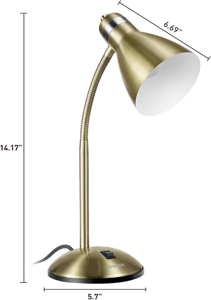 LEPOWER Metal Desk Lamp, Adjustable GooseNeck Reading Light for Bedroom | Compact & Sturdy, Space-Saving for Bedside & Dorm, E26 Table Lamp, Eye-Caring, Ideal for Study, Office, Back to School