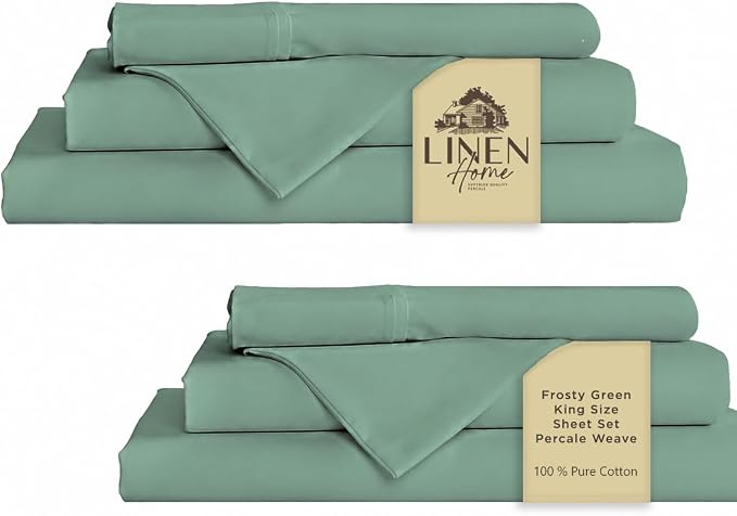 Linen Home 2-Pack King Sheet Set, 100% Cotton Percale Bedding, 8-Piece Value Bundle, Deep Pocket Cooling Bed Sheets for Hot Sleepers, Breathable & Crisp Hotel Quality, Long-Staple Cotton, Frosty Green