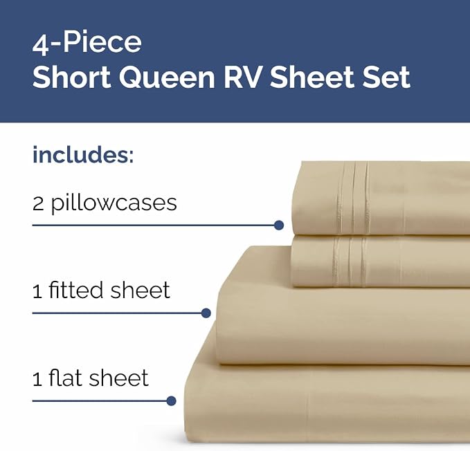 Short Queen Size 4 Piece Bed Sheet Set - RV Short Queen Sheets - Beige | Ultra-Soft, Breathable & Cooling Bed Sheets Set with Deep Pockets, Hotel Luxury Bedding for Women & Men, Wrinkle & Fade Free