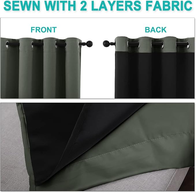 NICETOWN Dark Mallard Blackout Curtains for Nursery 52" w x 72" L 2 Panels | 100% Room Darkening Full Light Blocking Drapes with Black Liner, Thermal Insulated Draperies Window Decor for Bedroom Kitchen