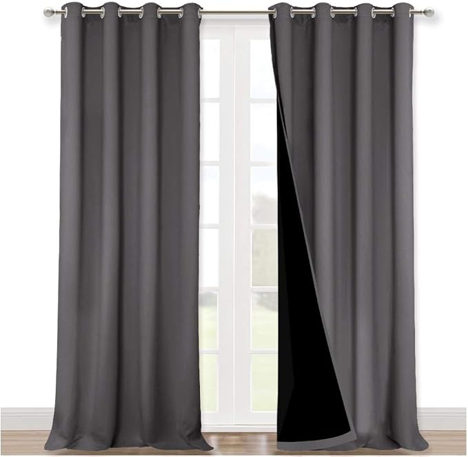 NICETOWN Gray Blackout Curtains for Hall 52" Wide x 95" Long 2 Panels | Total Shade Heavy-Duty Full Light Shading Drapes with Black Liner Backing for Villa Dorm Window, Room Darkening Privacy Decor