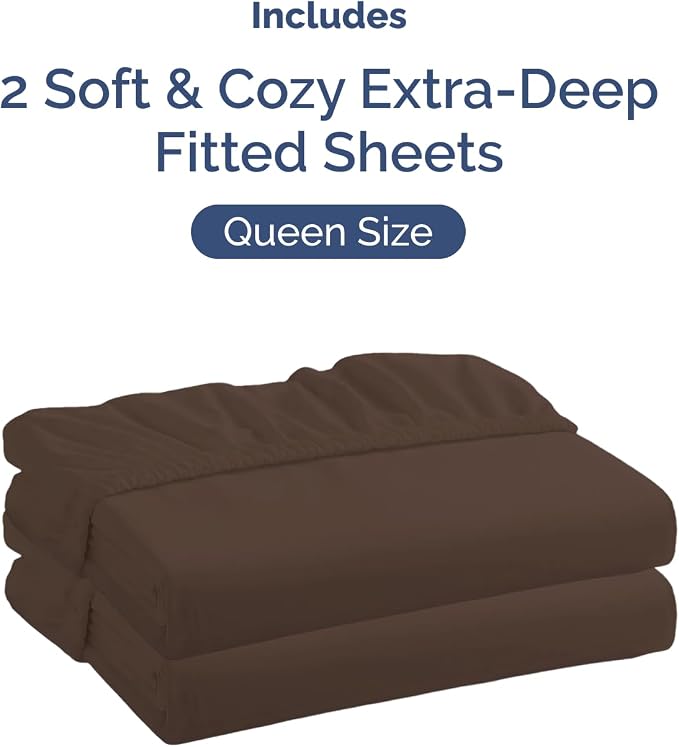 2 Pack Extra Deep Queen Fitted Sheets with Extra Deep Pockets - Brown | Hotel Luxury Bottom Fitted Sheets Only, Soft, Fade & Wrinkle Free, Breathable & Comfy, All Around Elastic Fitted Sheets