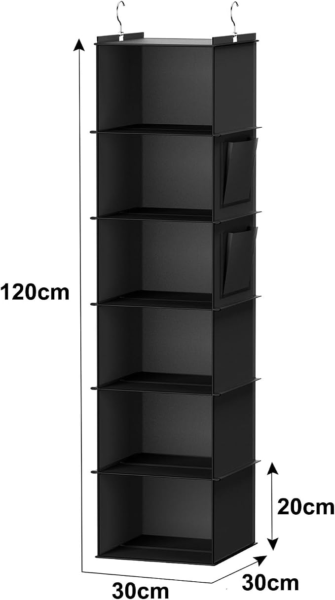 YOUDENOVA Hanging Closet Organizer and Storage, 6-Shelf, Black | Breathable Fabric, 2 Side Pockets, Clothes Organizer, Hanging Shelves, Closet Storage, College Dorm Room Essentials for Guys
