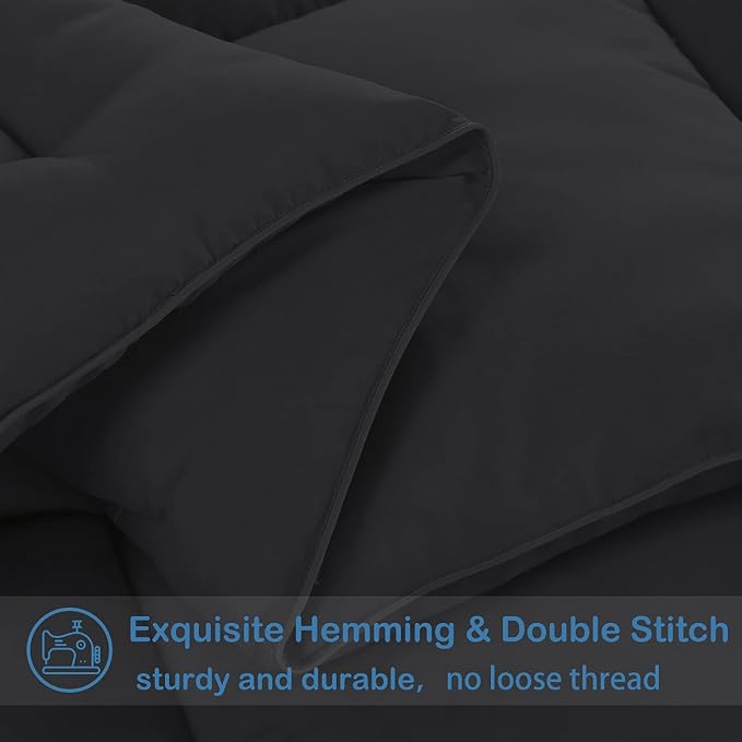 EASELAND Full Size Down Alternative Comforter, Black, 82x86 Inches | Quilted Duvet Insert for All Seasons, Soft Lightweight Bedding with Corner Tabs, Breathable Machine Washable Hotel Quality