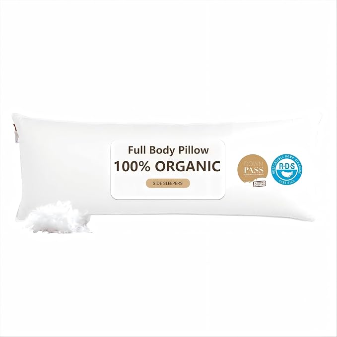 Goose Down Body Pillows for Adults, Large Body Pillow for Side Sleeper, Hugging Feather Body Pillow Insert, Cooling Full Length Long Pillow for Bed with 100% Organic Cotton Shell, (White 20"x72")