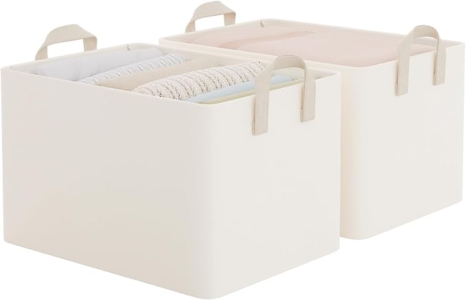 StorageWorks Fabric Storage Bins, Storage Basket for Shelves, Beige, 2-Pack | With PU Handles, Wrinkle-Resistant Cottlyn Fabric, Foldable, For Bedroom, Bathroom, Laundry, Holds Clothes, Towels, Blankets