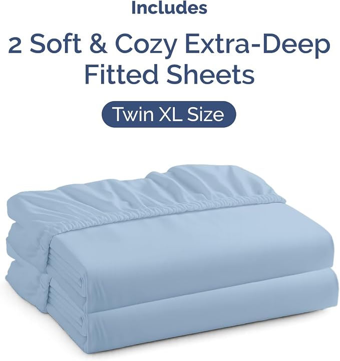 2 Pack Extra Deep Twin XL Fitted Sheets with Extra Deep Pockets - Sky Blue | Hotel Luxury Bottom Fitted Sheets Only, Soft, Fade & Wrinkle Free, Breathable & Comfy, All Around Elastic Fitted Sheets
