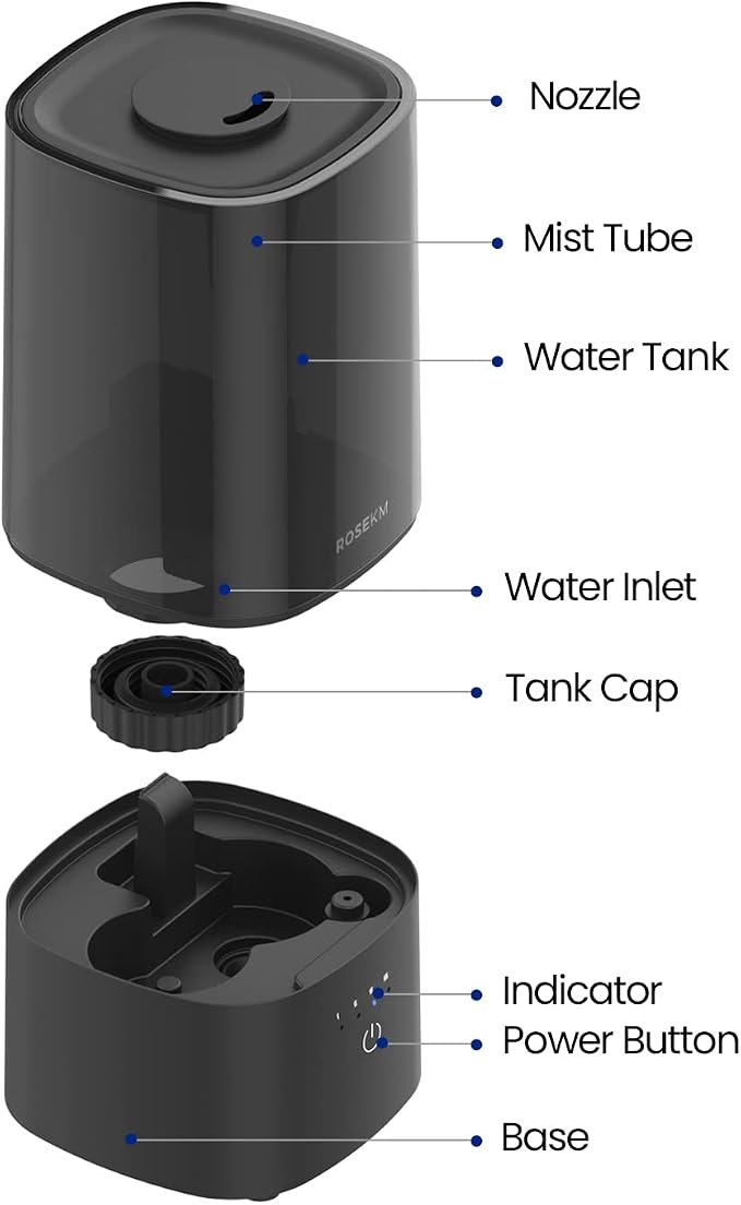 ROSEKM Humidifiers for Bedroom, 2.0L Cool Mist Humidifier for Home Plant and Baby Nursery, Quiet Ultrasonic Humidifier with 360° Nozzle, Auto Shut-Off, Filterless, Black