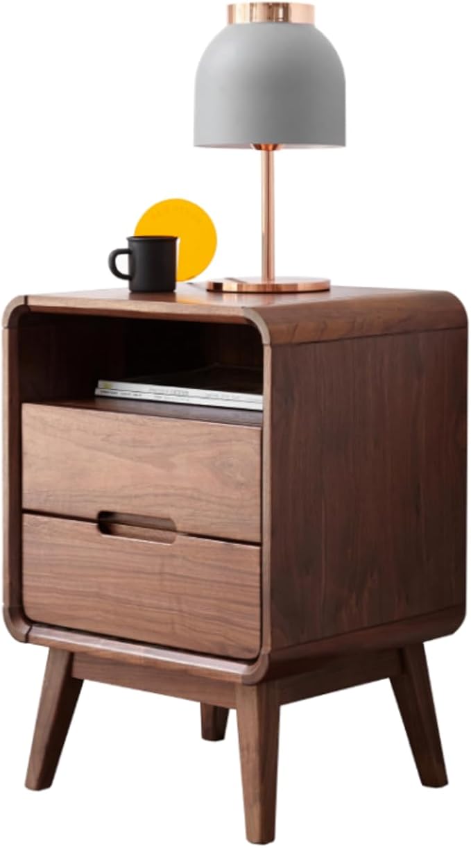 Solid Wood Nightstand, Walnut Night Stand with 2 Drawers and Open Storage, Mid Century Modern Nightstands for Small Space, Bedside Table for Bedroom, Dorm(23.23" H)