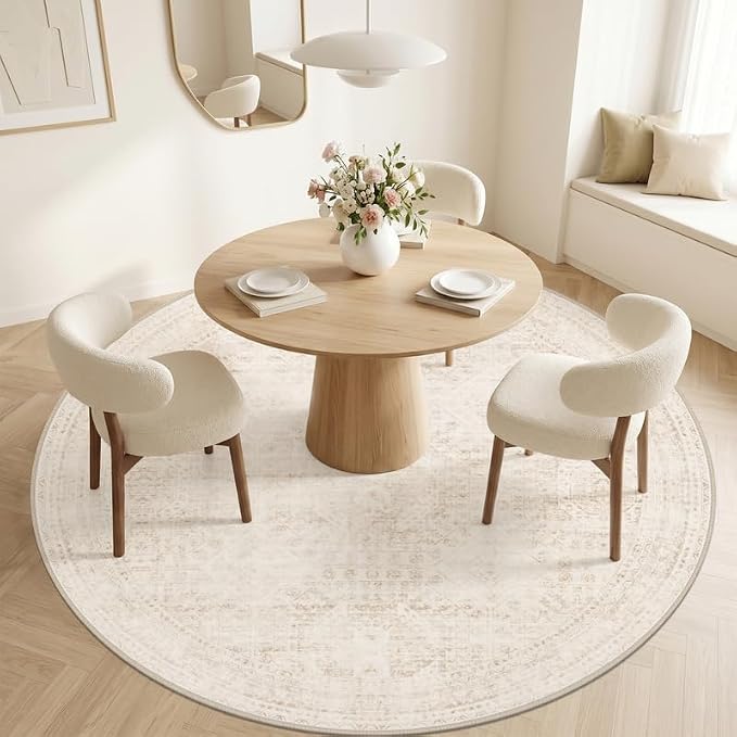 Round Area Rug Living Room: 6ft Neutral Washable Carpet Rug Beige | Vintage Boho Circle Soft Large Circular Carpet Bedroom Nursery Farmhouse Dining Room Indoor Decor Floor Non-Slip Under Table