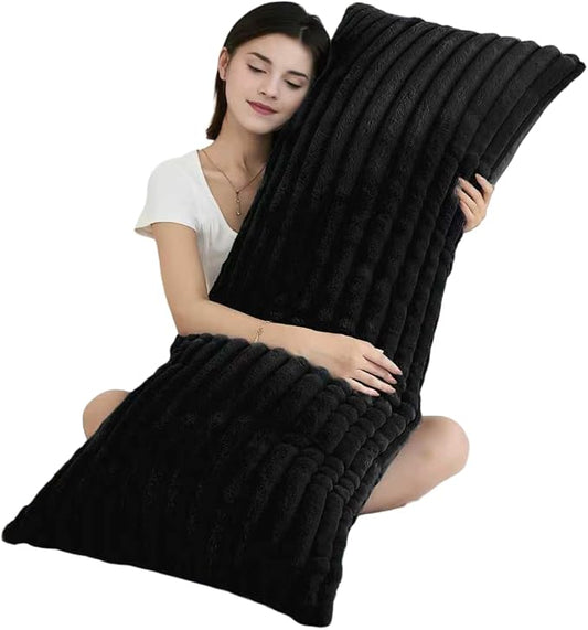 Full Body Pillow with Fluffy Stripe Faux Fur Removable Cover, Long Bed Pillow Adult 20x54 Inches for Side Sleeper and Pregnancy, Black.