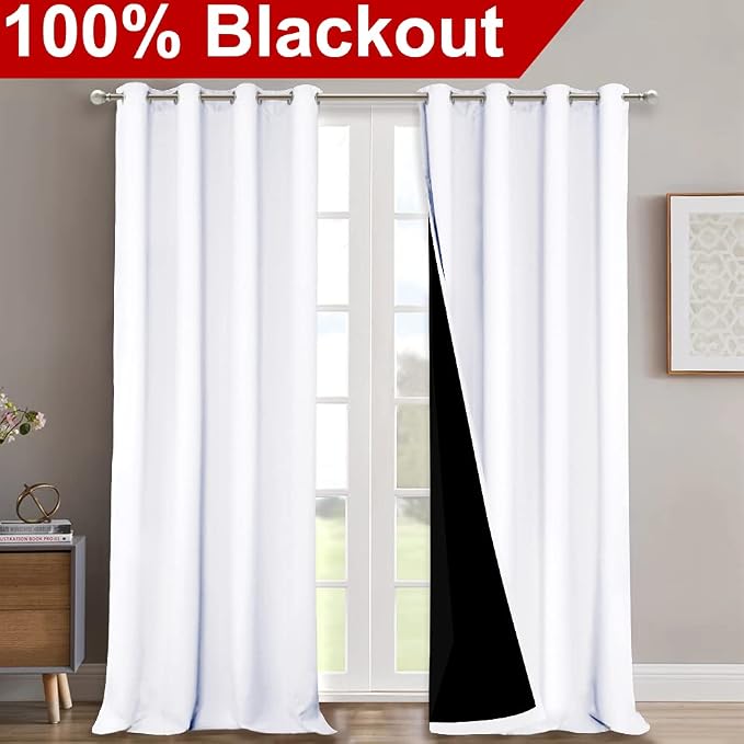 NICETOWN White Blackout Curtains for Bedroom 52" Wide x 95" Long 2 Panels | Room Warming Full Shading Super Heavy-Duty Black Lined Drapes, Privacy Assured Window Treatments Home Decor Noise Reducing