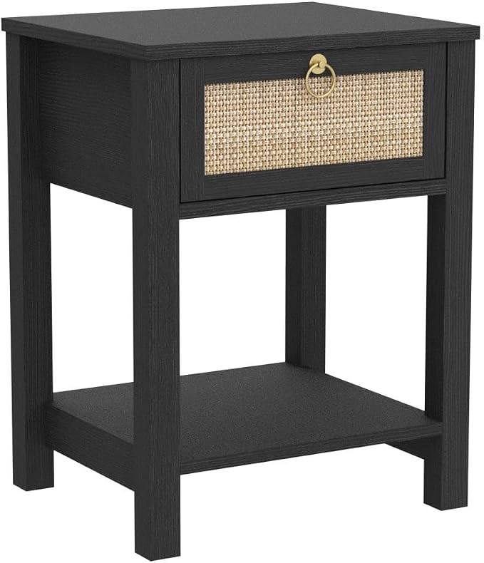 SICOTAS Rattan Nightstand with Storage Shelf, Boho Bedside Table End Table | Night Stand with Rattan Drawer, Boho End Table with Storage for Bedroom, Apartment, Guest Room, Small Spaces, and Dorm Rooms