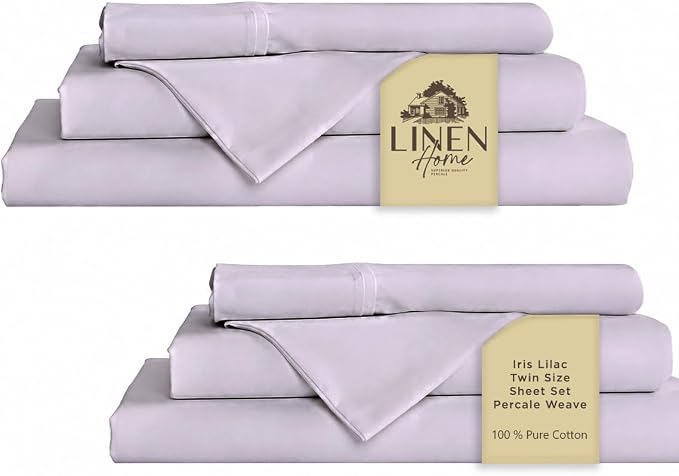 Linen Home 100% Cotton Percale Sheets Twin Size Pack of 2, Iris Lilac, Deep Pocket, 6 Pieces Set- 2 Flat, 2 Fitted and 2 Pillowcases, Crisp Cool and Long Staple Strong Bed Linen