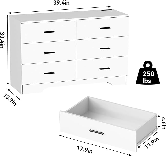 FJTJBSI Dresser with Power Outlets Wooden 6 Drawer Dresser with USB and Type C Port Chest of Drawers for Bedroom Tall White Storage Organizer for Living Room Hallway Closet