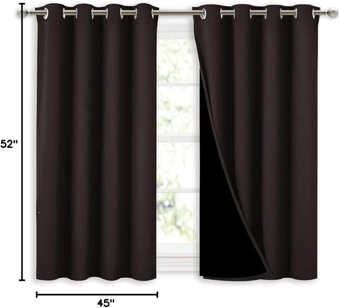 NICETOWN 100% Blackout Curtains 45 inches Length, 2 Thick Layers Completely Blackout Window Treatment Thermal Insulated Lined Drapes for Basement Window (Brown, 1 Pair, 52 inches Width Each Panel)