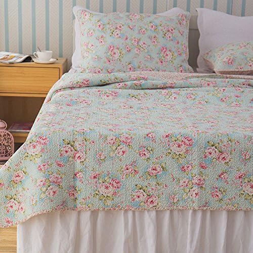 3 PCS Country Cottage Floral Bedspread Quilt Coverlet Patchwork 100% Cotton Light Blue Queen Size