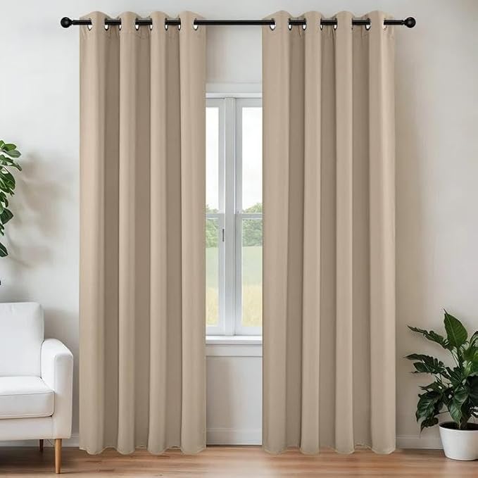 Joydeco Blackout Curtains 90 Inch Length 2 Panels Set, Thermal Insulated Long Curtains& Drapes 2 Burg, Room Darkening Grommet Drapes for Living Room Bedroom Window (W52 x L90 Inch, Light Beige)