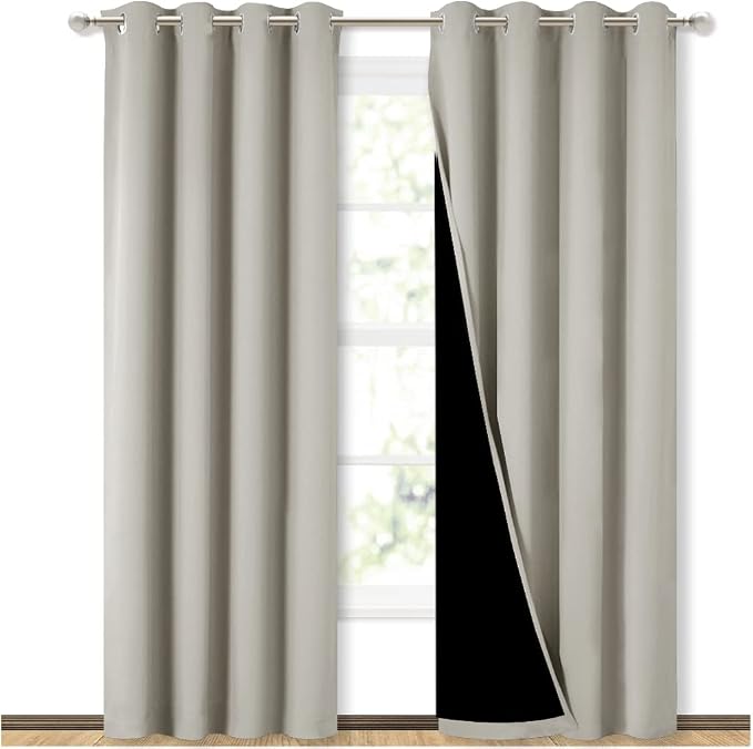 NICETOWN 100% Blackout Window 84in Curtain Panels, Cold and Light Blocking Drapes with Black Liner (Natural, 2 Pieces, 52 “ Wide per Panel) | 100% Blackout Cold Light Blocking Drapes with Black Liner, Thermal Insulated Noise Reducing Room Darkening Hom...