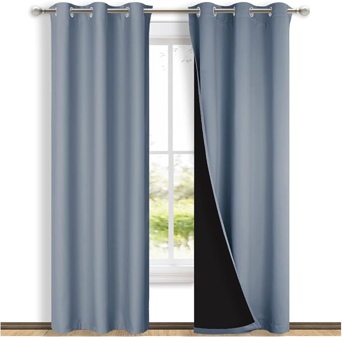 NICETOWN Vintage Blue Full Shade Curtain Panels, 37" Wide x 84" Long, Pair of Thermal Insulated & Energy Efficiency Blackout Drapes for Living Room Windows, Lined Silky Performance Window Dressing