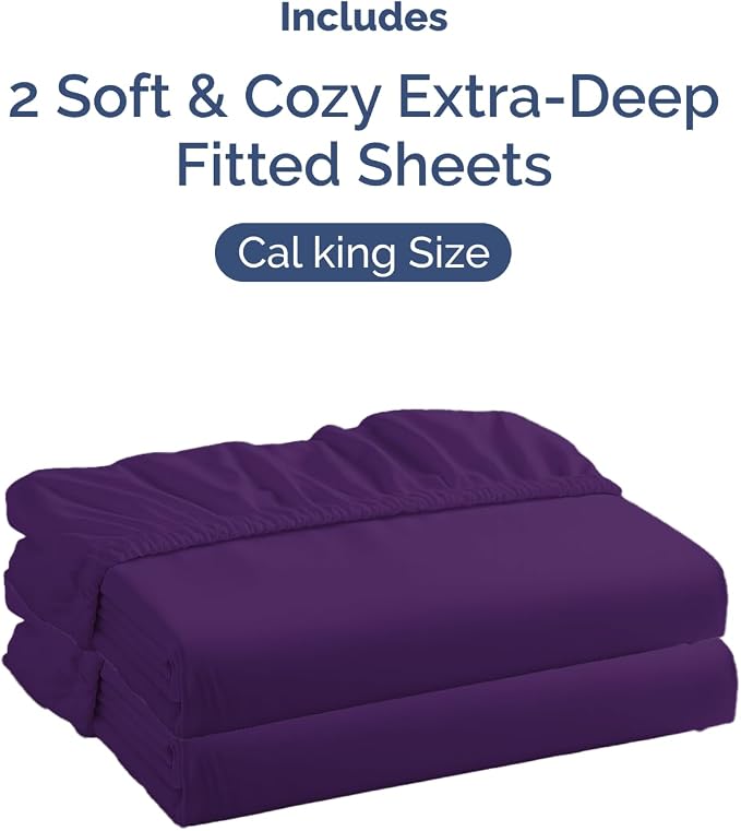 2 Pack Extra Deep Cal King Fitted Sheets with Extra Deep Pockets - Purple | Hotel Luxury Bottom Fitted Sheets Only, Soft, Fade & Wrinkle Free, Breathable & Comfy, All Around Elastic Fitted Sheets