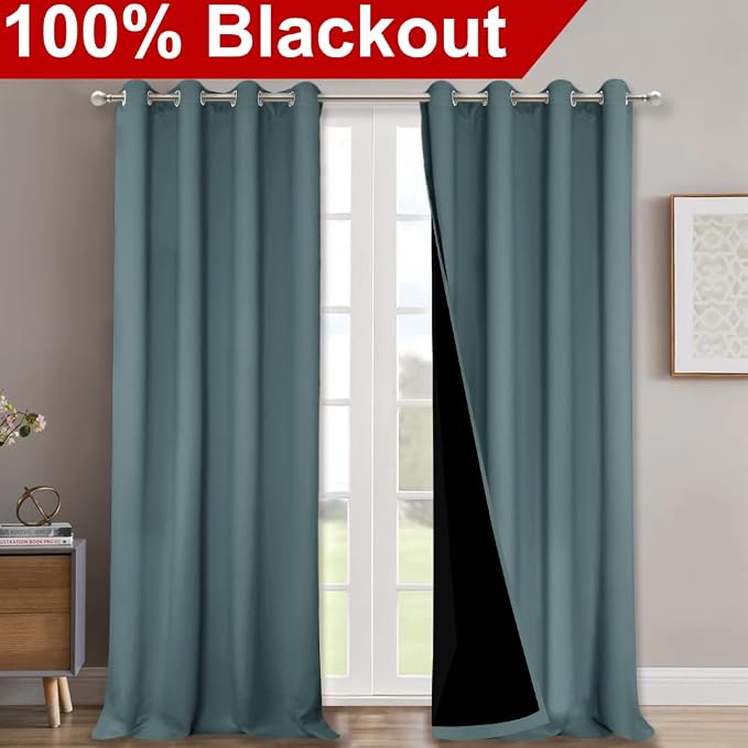 NICETOWN Greyish Blue Blackout Curtains for Bedroom 52" w x 90" L 2 Panels | Full Shading Super Heavy-Duty Black Lined Drapes for Living Room, Thermal Insulated Privacy Assured Window Treatment Decor