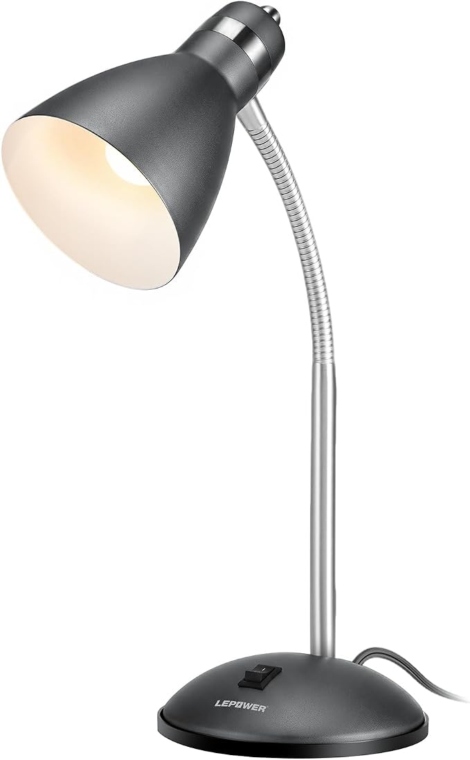 LEPOWER Metal Desk Lamp, Adjustable GooseNeck Reading Light for Bedroom | Compact & Sturdy, Space-Saving for Bedside & Dorm, E26 Table Lamp, Eye-Caring, Ideal for Study, Office, Back to School