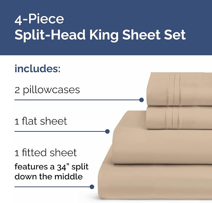 Flex Top Split Head King 4 Piece Sheet Set - Ultra-Soft, Breathable - Cream | Cooling Bed Sheets Set, Hotel Luxury Bedding for Women & Men with Deep Pockets, Wrinkle Free & Fade Resistant, Oeko-Tex