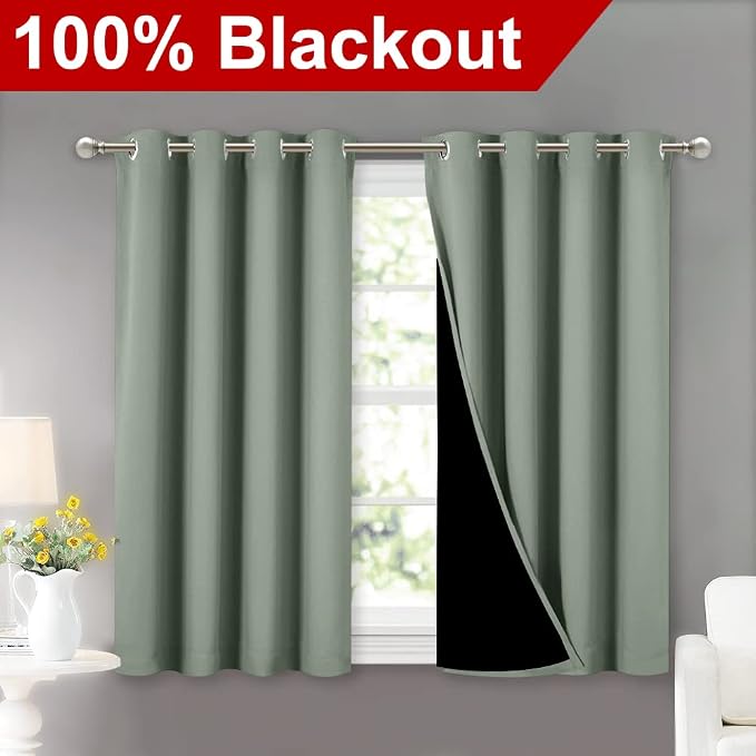 NICETOWN Greyish Green 100% Blackout Curtains 45 inches Long, 2 Thick Layers Completely Blackout Window Treatment Thermal Insulated Lined Drapes for Small Window (1 Pair, 52 inches Width Each Panel)