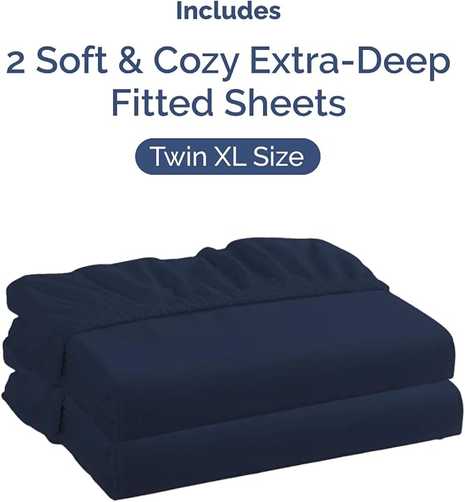 2 Pack Extra Deep Twin XL Fitted Sheets with Extra Deep Pockets - Navy Blue | Hotel Luxury Bottom Fitted Sheets Only, Soft, Fade & Wrinkle Free, Breathable & Comfy, All Around Elastic Fitted Sheets