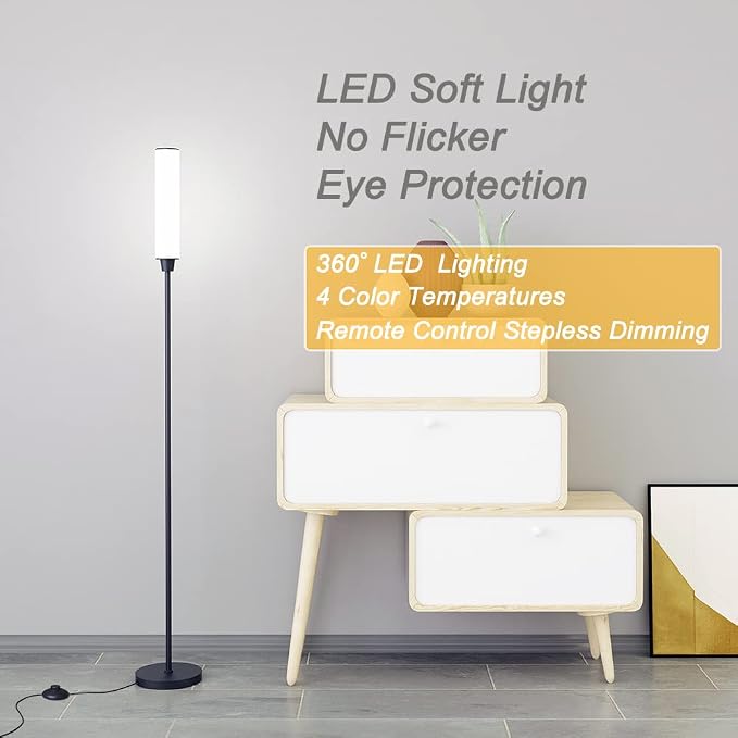 Nukanu Floor Lamp with Remote Control,Bright Floor Lamps for Living Room/Bedroom/Office, Stepless Adjustable 3000K-6000K Colors and 10-100% Brightness,Standing Light with Foot Switch (Black) | Standing Lamp for Living Room,Bedroom,Office,Stepless Adjus...