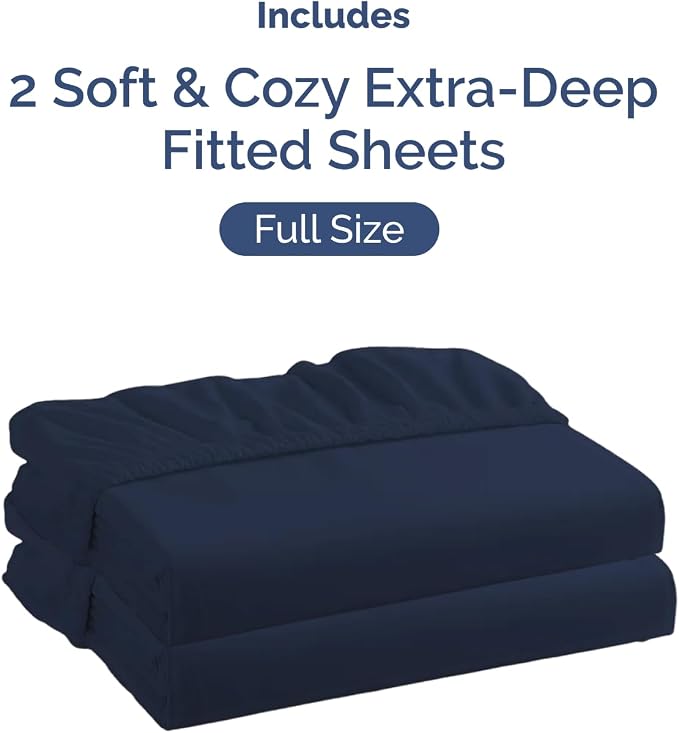 2 Pack Extra Deep Full Fitted Sheets with Extra Deep Pockets - Navy Blue | Hotel Luxury Bottom Fitted Sheets Only, Soft, Fade & Wrinkle Free, Breathable & Comfy, All Around Elastic Fitted Sheets