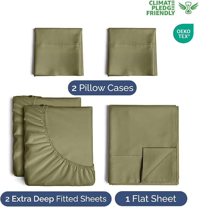 Extra Deep Split King Sheet Set - 5 Piece Breathable Cooling - Sage Green | Easily Fits 18 to 24 inch Mattress - Ultra Soft, Wrinkle & Fade Free with Extra Deep Pockets - Comfy Hotel Luxury Bedding