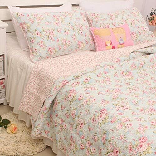 3 PCS Country Cottage Floral Bedspread Quilt Coverlet Patchwork 100% Cotton Light Blue Queen Size