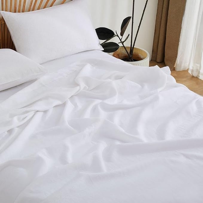 100% Linen Sheets Set King Size, Natural Pure Flax 4 Piece Bed Sets, 16" Deep Pocket, Breathable Cooling Bed Soft Durable Bedding, Machine Washable (White, King)