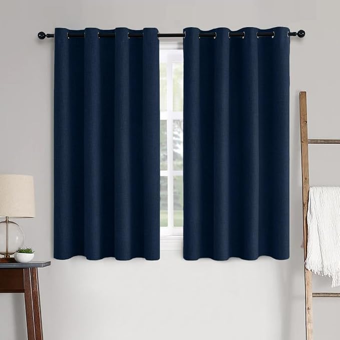 MIULEE 100% Blackout Linen Curtains for Bedroom 52x45 Inches Midnight Blue | Room Darkening, Light Blocking, Thermal Insulated, Grommet Top, Linen Textured, Window Curtains for Living Room, 2 Panels