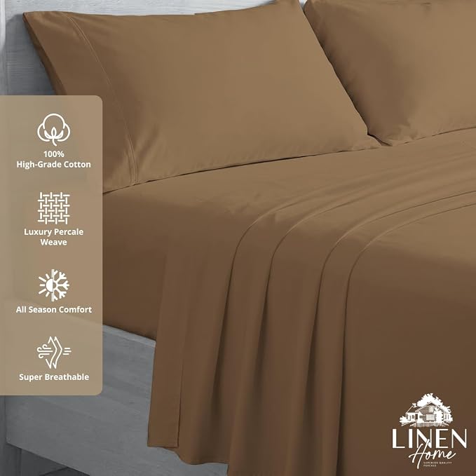 Linen Home 2-Pack Queen Sheet Set, 100% Cotton Percale Bedding, 8-Piece Value Bundle, Deep Pocket Cooling Bed Sheets for Hot Sleepers, Breathable & Crisp Hotel Quality, Long-Staple Cotton Earthy Brown