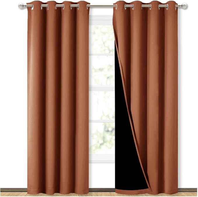 NICETOWN Burnt Orange Blackout Curtains for Nursery 52" w x 84" L 2 Panels | 100% Room Darkening Heat Cold Blocking Drapes with Black Liner, Thermal Insulated Draperies for Bedroom Window Decor