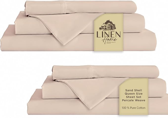 Linen Home 2-Pack Queen Sheet Set, 100% Cotton Percale Bedding, 8-Piece Value Bundle, Deep Pocket Cooling Bed Sheets for Hot Sleepers, Breathable & Crisp Hotel Quality, Long-Staple Cotton, Sand Shell